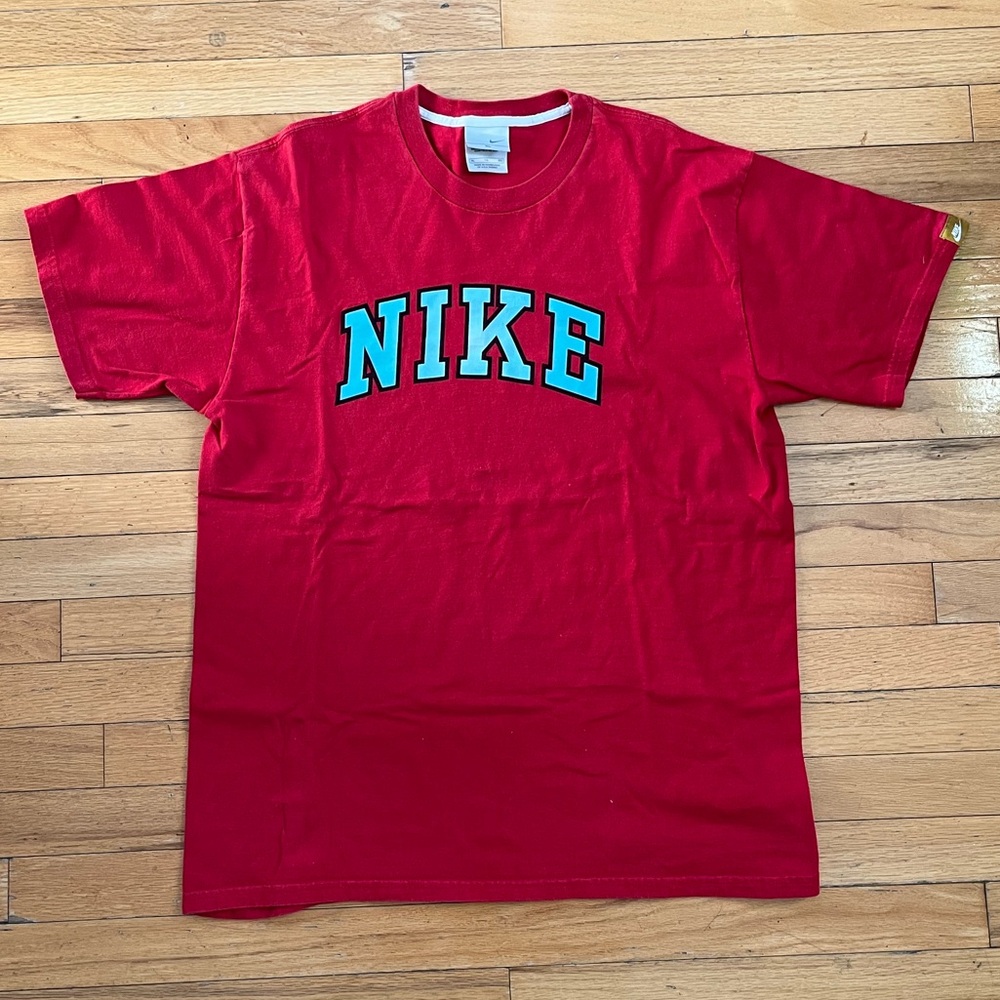 VTG Y2K Nike Block Letters Spellout T-Shirt Red Turquoise Graphic Silver Tag
